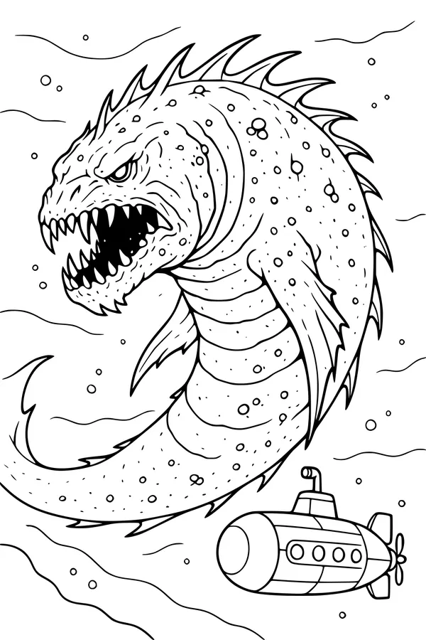 Free Kraken Sea Monster Coloring Page - Giant Beast With Mini Submarine (Printable PDF)