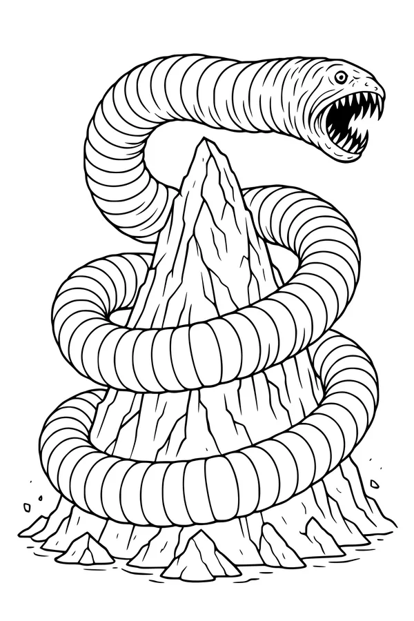 Free Kraken Sea Monster Coloring Page - Serpent Coiled Around Rocky Island (Printable PDF)