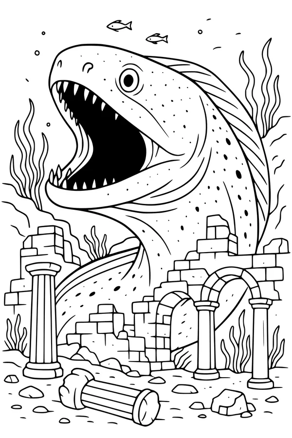 Free Kraken Sea Serpent Coloring Page - Rising in Underwater Ruins (Printable PDF)