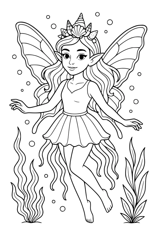 Free Fairy Coloring Page - Seashell Crown Underwater Bubbles (Printable PDF)