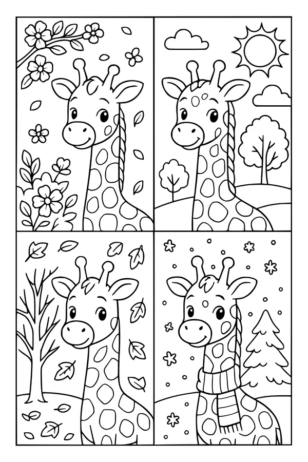 Free Giraffe Coloring Page - Four Fun Seasons Scene (Printable PDF)