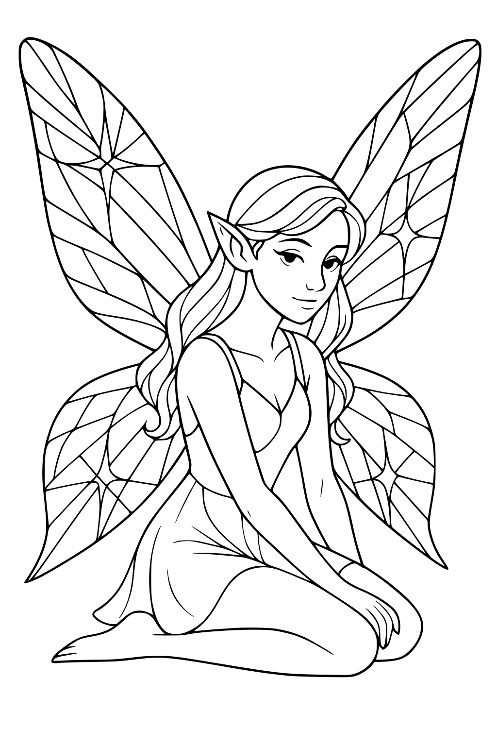 Seated fairy girl with long hair and pointed ears, wearing a simple dress, with large segmented wings spread behind her.