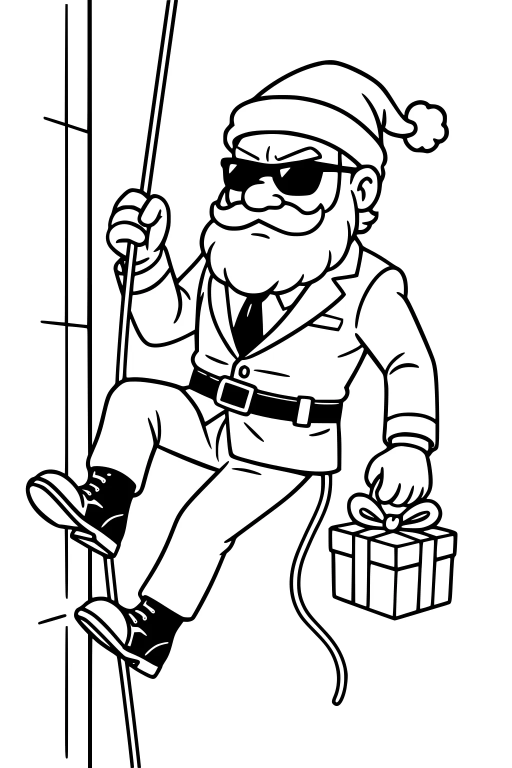 Santa in sunglasses rappels down a rope beside a building, wearing a suit and Santa hat, holding a wrapped present with bow.