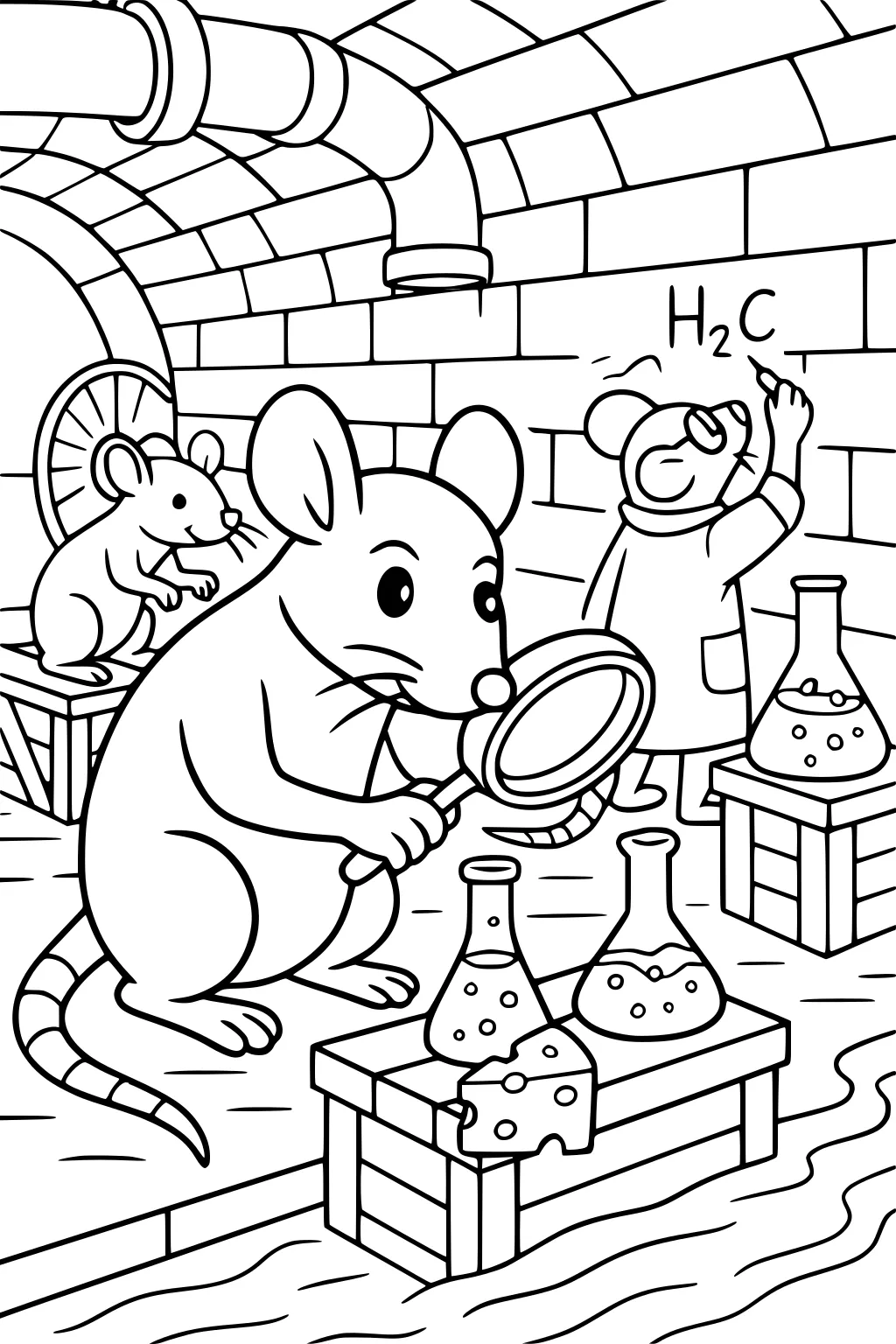 Three rats in a science lab with beakers, cheese, a running wheel, and brick walls; one rat writes H2C on the wall.
