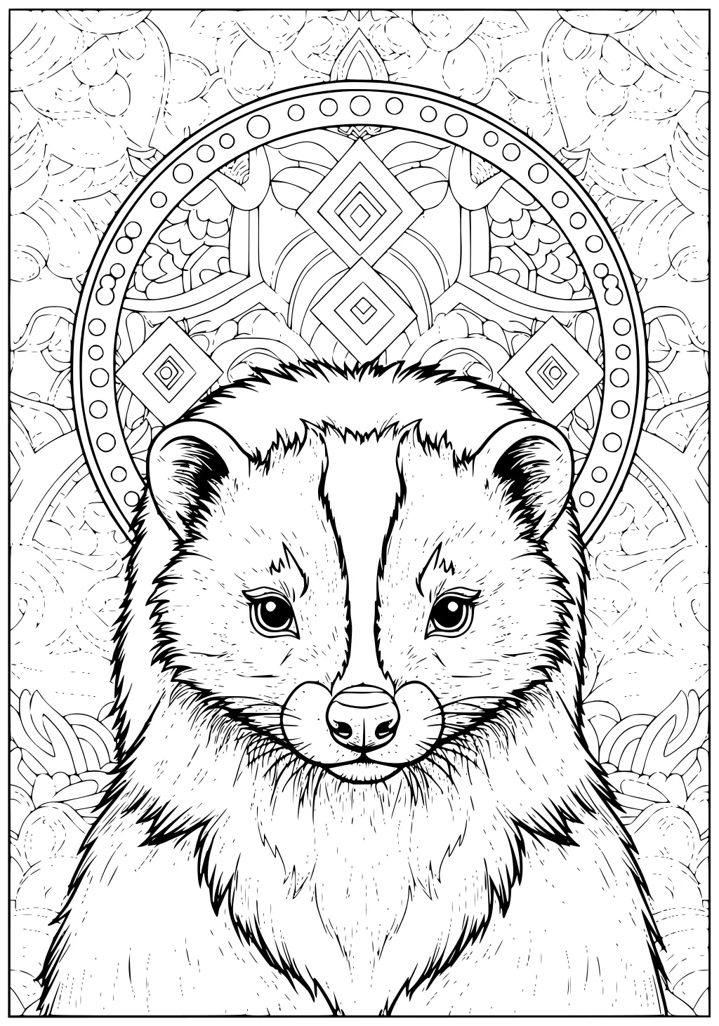 A skunk with detailed fur sits upright in front of a decorative, swirling circular background filled with patterns.