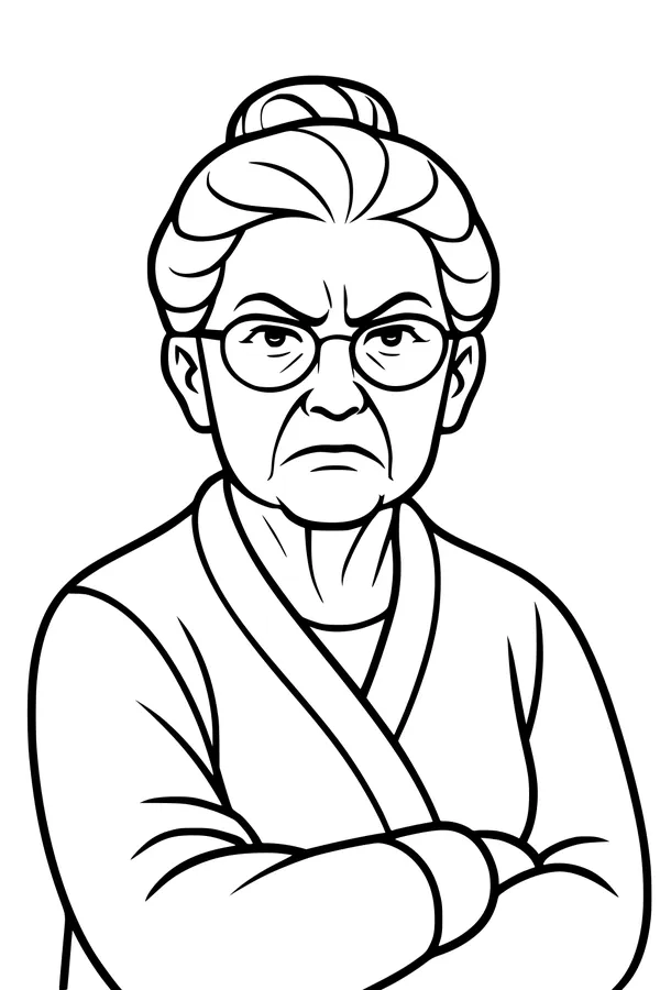 Free Grandma Coloring Page - Stern Elderly Portrait With Glasses (Printable PDF)