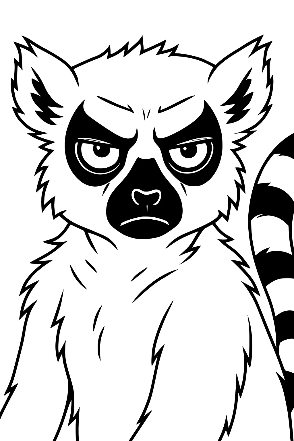 Serious lemur with dark eye rings, fluffy spiked fur, and a striped tail visible on the side.