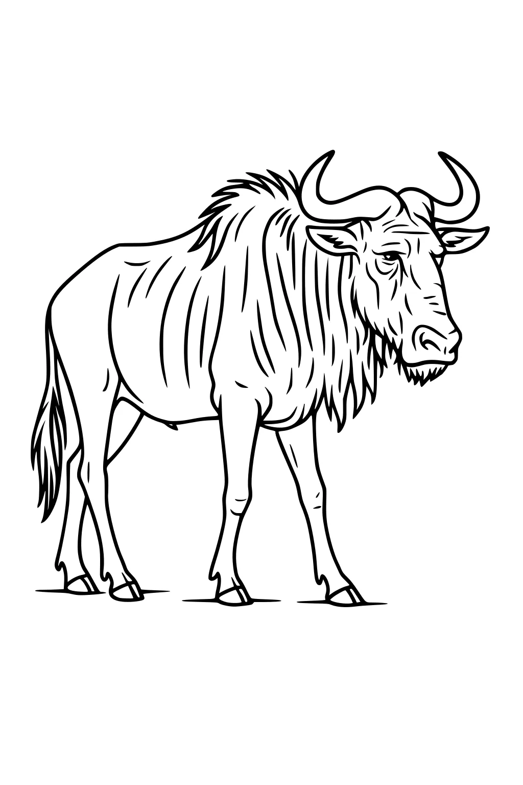 Line drawing of a wildebeest with curved horns, shaggy mane and beard, standing in side view on a simple ground line.