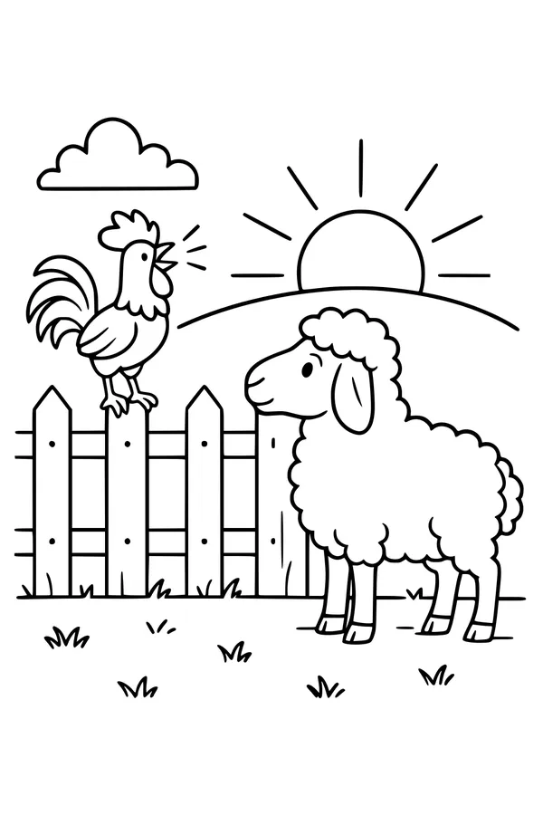 Free Sheep Coloring Page - Sunrise Farm Morning Scene (Printable PDF)