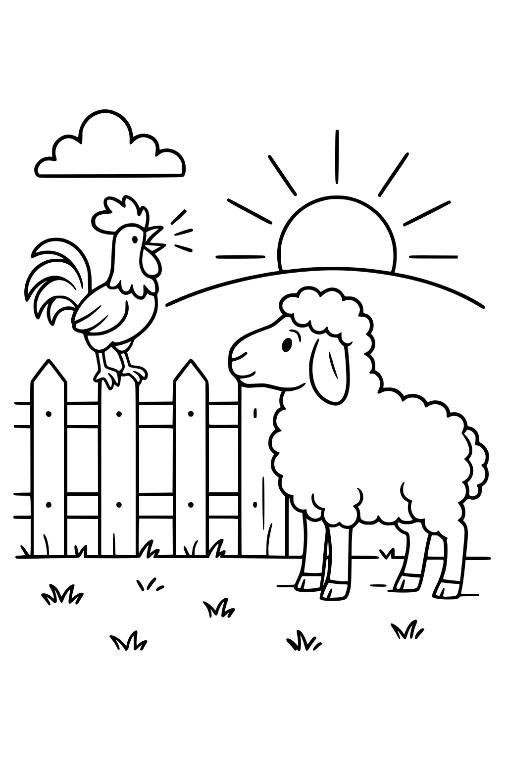 Sheep on grass facing a rooster on a fence. Sun rises behind a hill with a cloud in the sky.