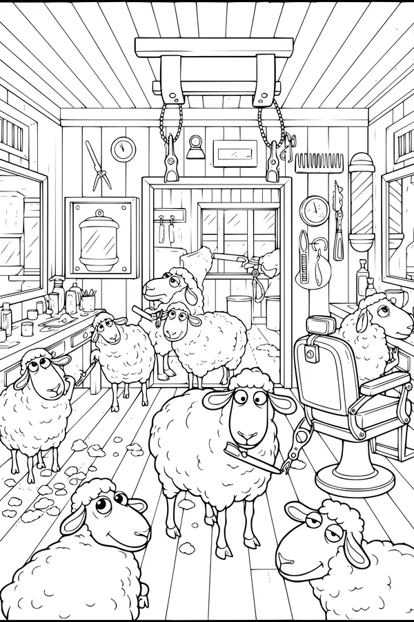 Free Sheep Coloring Page - Funny Farm Barbershop Scene (Printable PDF)