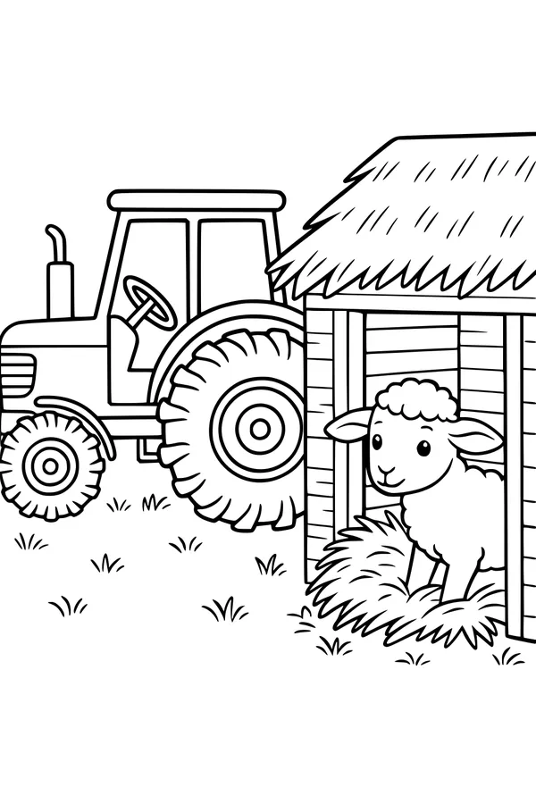 Free Sheep Coloring Page - Lamb in Barn With Tractor (Printable PDF)