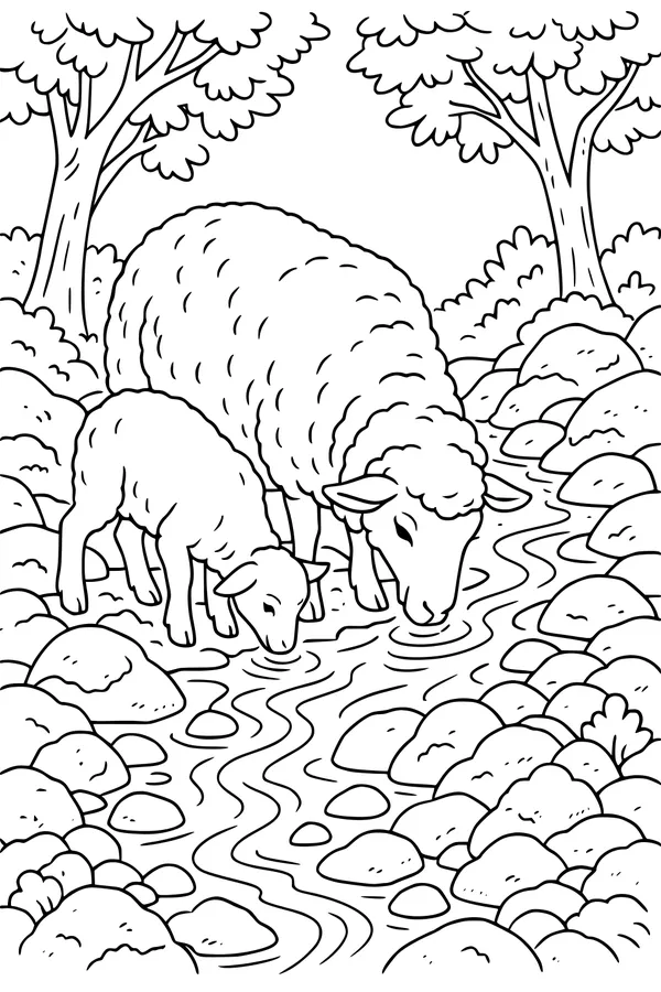 Free Sheep Coloring Page - Mother Sheep and Lamb by a Stream (Printable PDF)