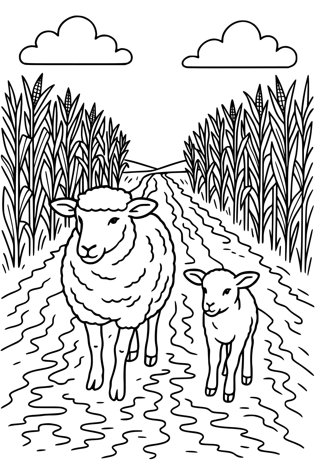 Mother sheep and lamb walking on a path between tall cornfields with clouds above.