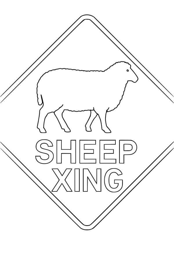 Free Sheep Coloring Page - Cute Sheep Crossing Road Sign (Printable PDF)