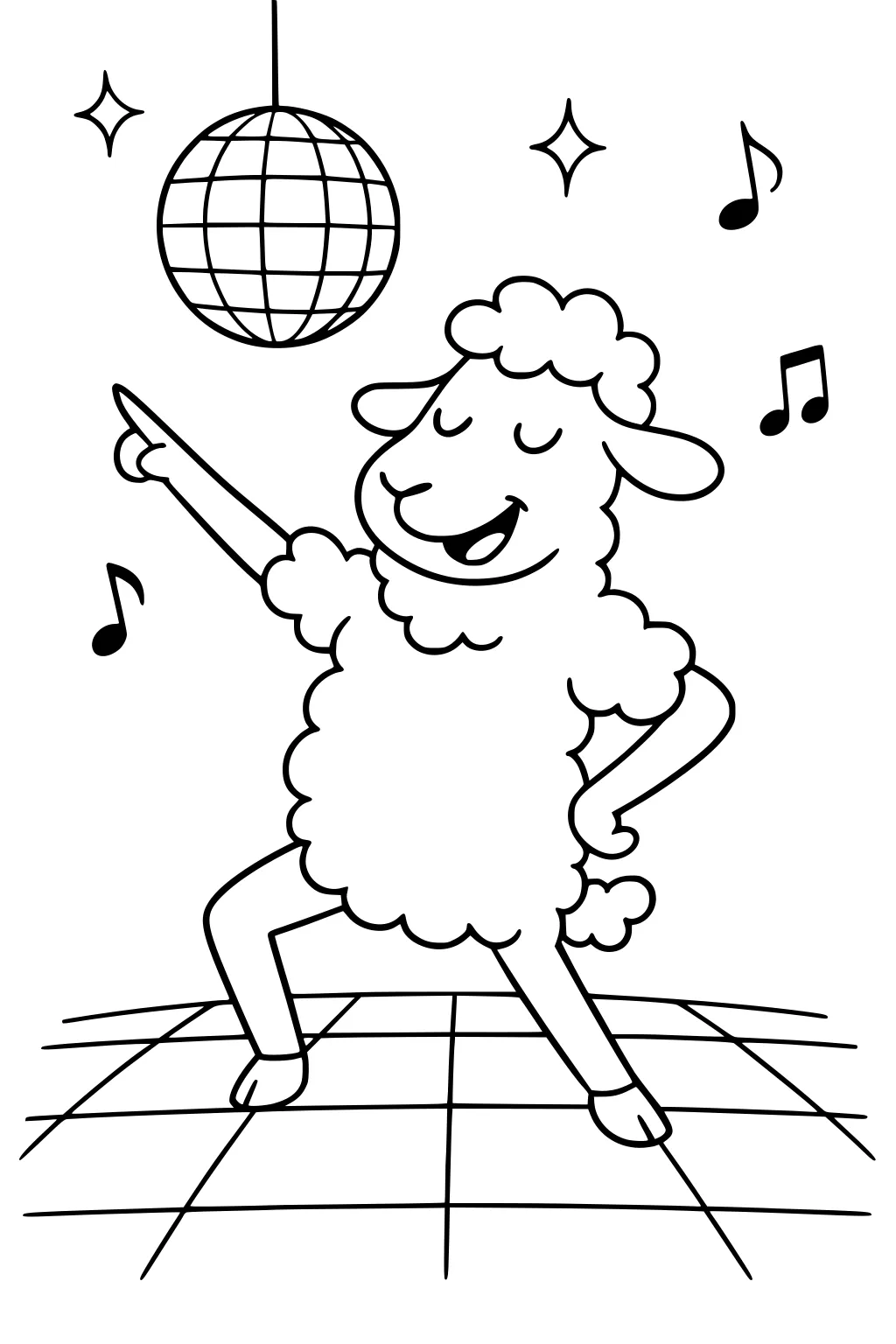 Sheep dancing on a checkered floor under a disco ball with stars and music notes around him.
