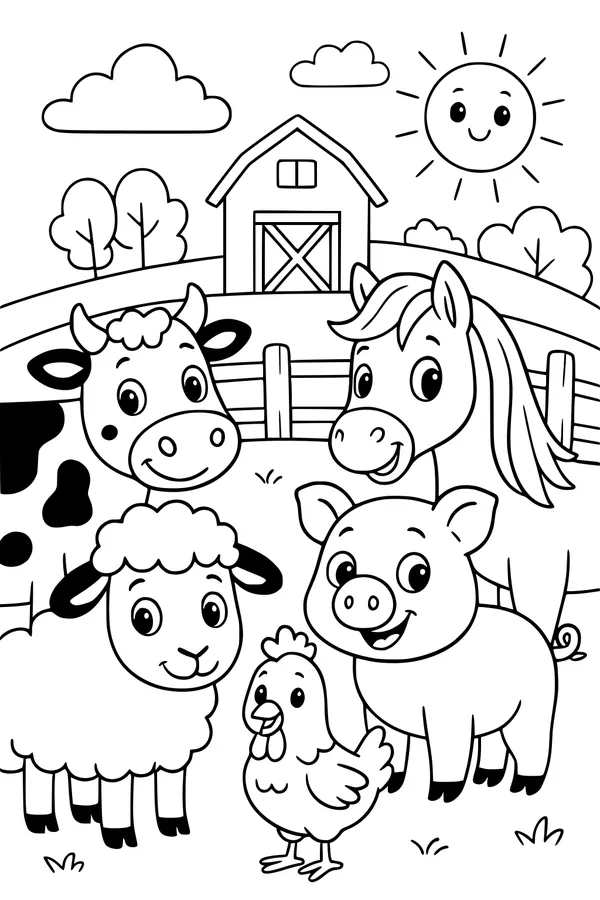 Free Sheep Coloring Page - Farm Friends at the Barnyard Fence (Printable PDF)