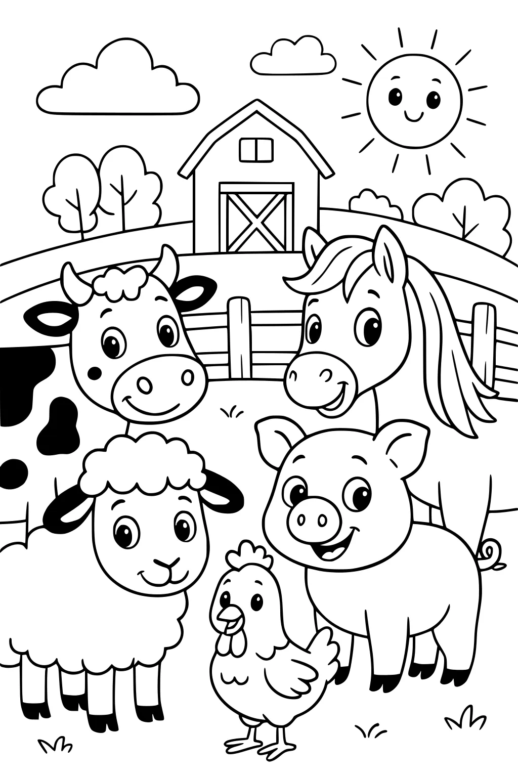 Farm animals including a sheep, cow, horse, pig, and chicken standing together near a barn, with a smiling sun and clouds above.