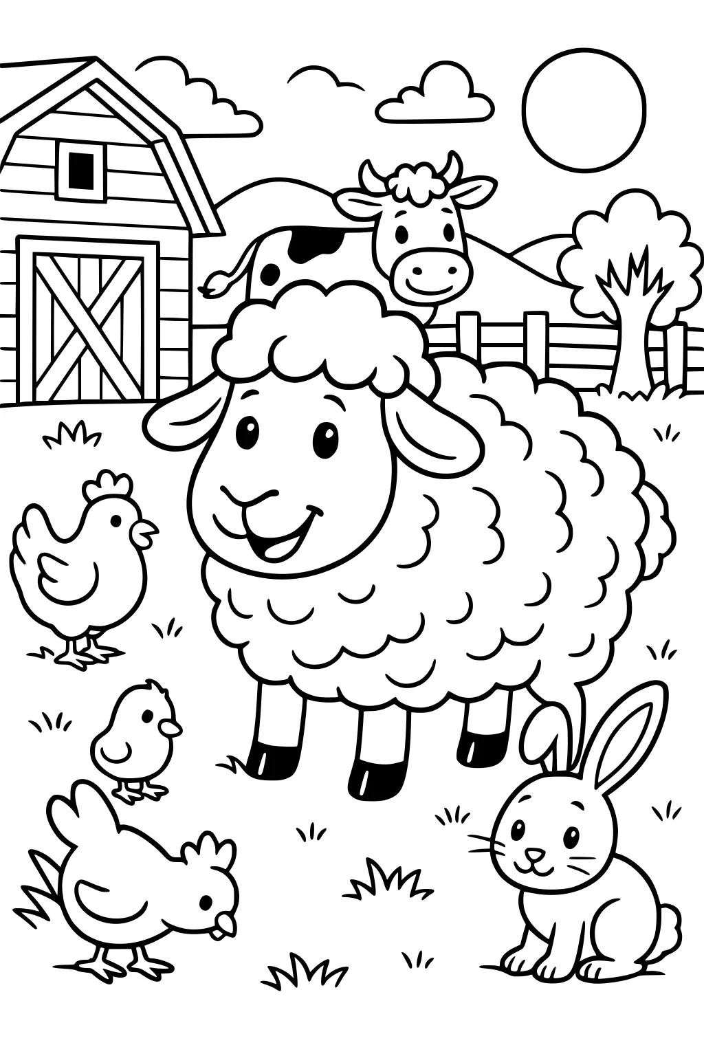 Sheep, rabbit, cow, chickens, and chicks beside a barn and tree on a sunny farm with grass and clouds.