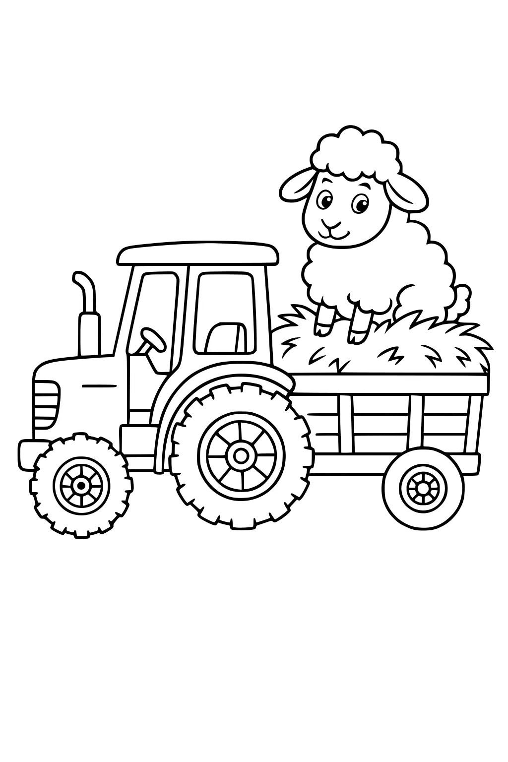 Sheep with a happy face sitting on hay in a wagon attached to a tractor with large wheels.