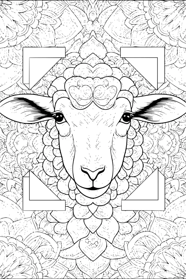 Free Sheep Coloring Page - Swirly Wool Mandala Portrait (Printable PDF)