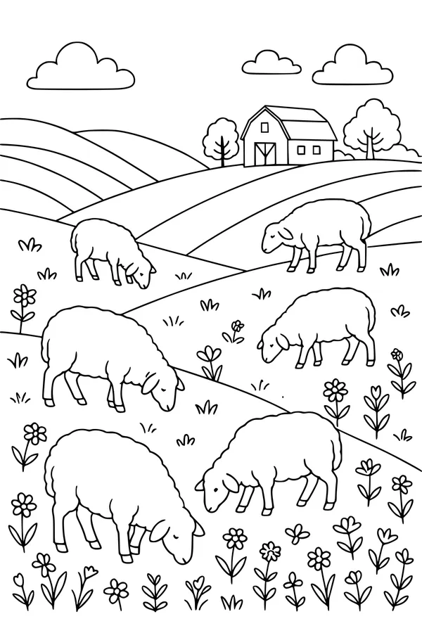 Free Sheep Coloring Page - Flock Grazing in Flower Fields (Printable PDF)