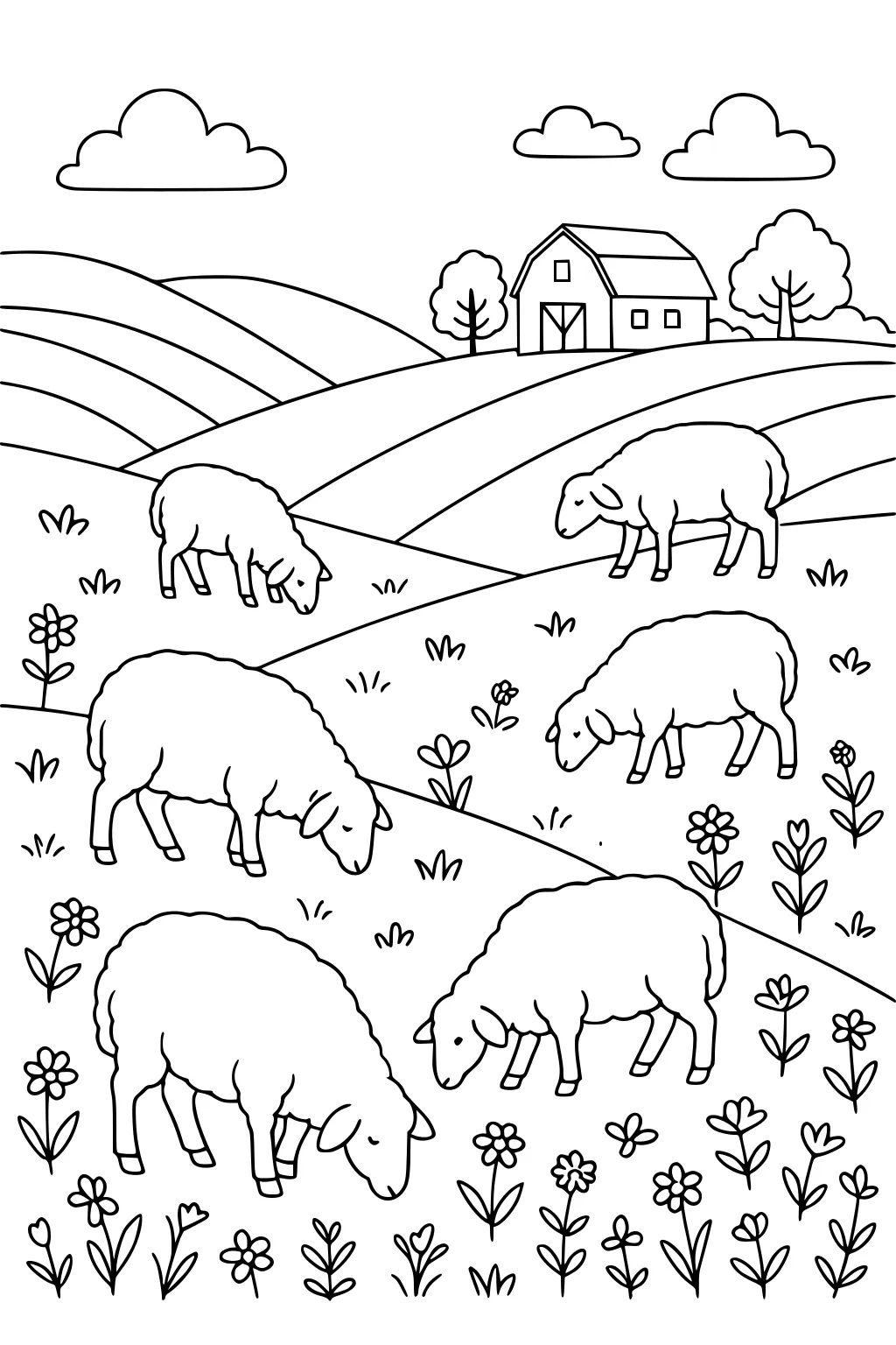 Five sheep eating grass among flowers in a field, with a barn, rolling hills, clouds, and trees in the distance.