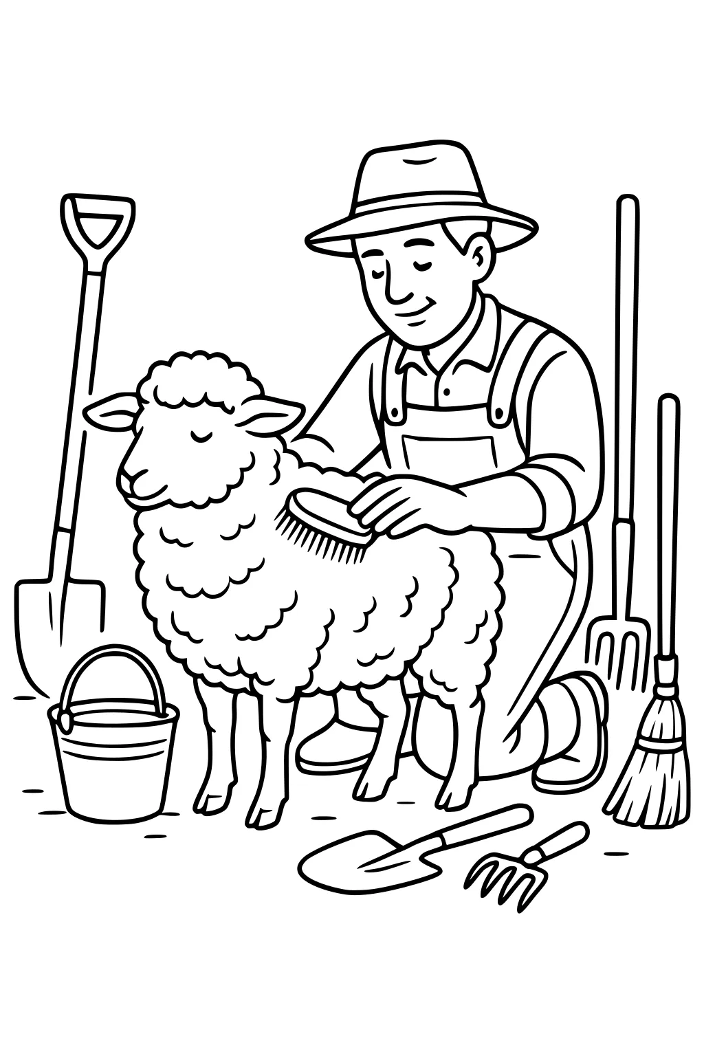 Man in hat and overalls brushes a fluffy sheep, surrounded by shovel, bucket, broom, and rake on the farm.