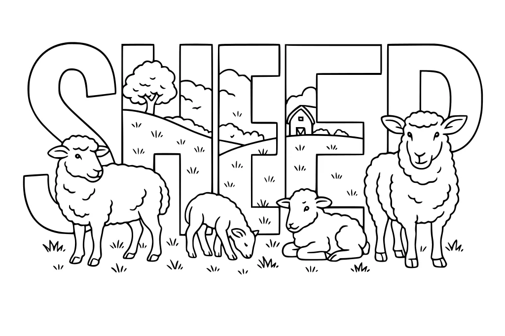 Four sheep on grassy hill, large block letters spelling SHEEP, distant barn and trees in background.