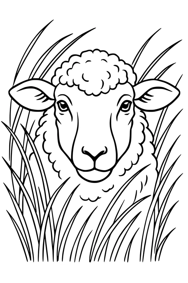Free Sheep Coloring Page - Fluffy Face in Tall Meadow Grass (Printable PDF)