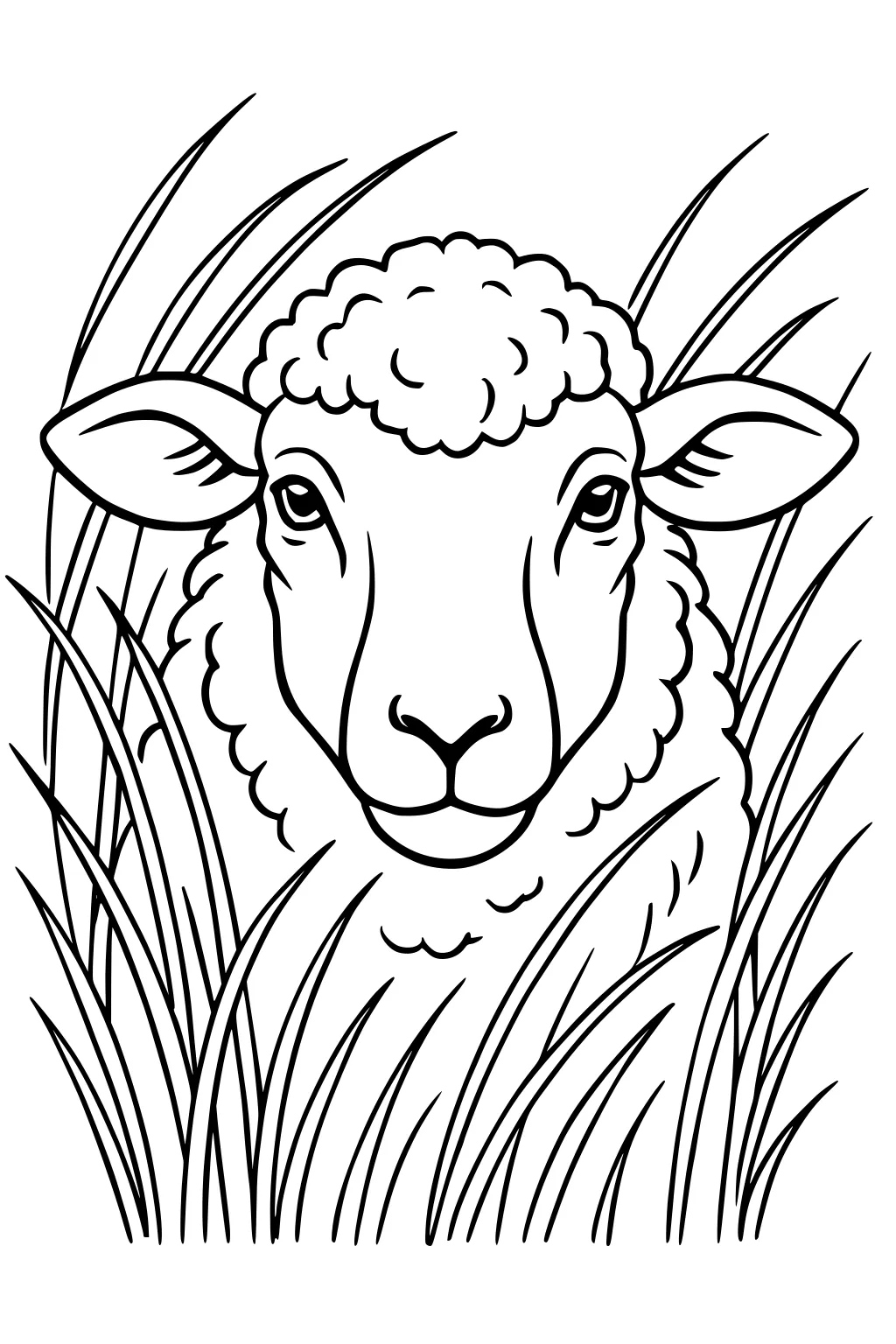 A sheep with curly fleece faces forward in tall grass with visible ears and gentle eyes.