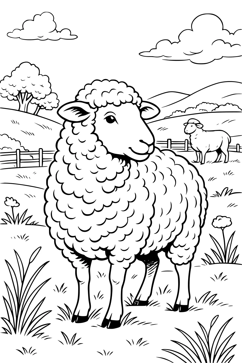 Sheep with curly wool stands in grassy field, another sheep in background, hills, fence, trees, and clouds.