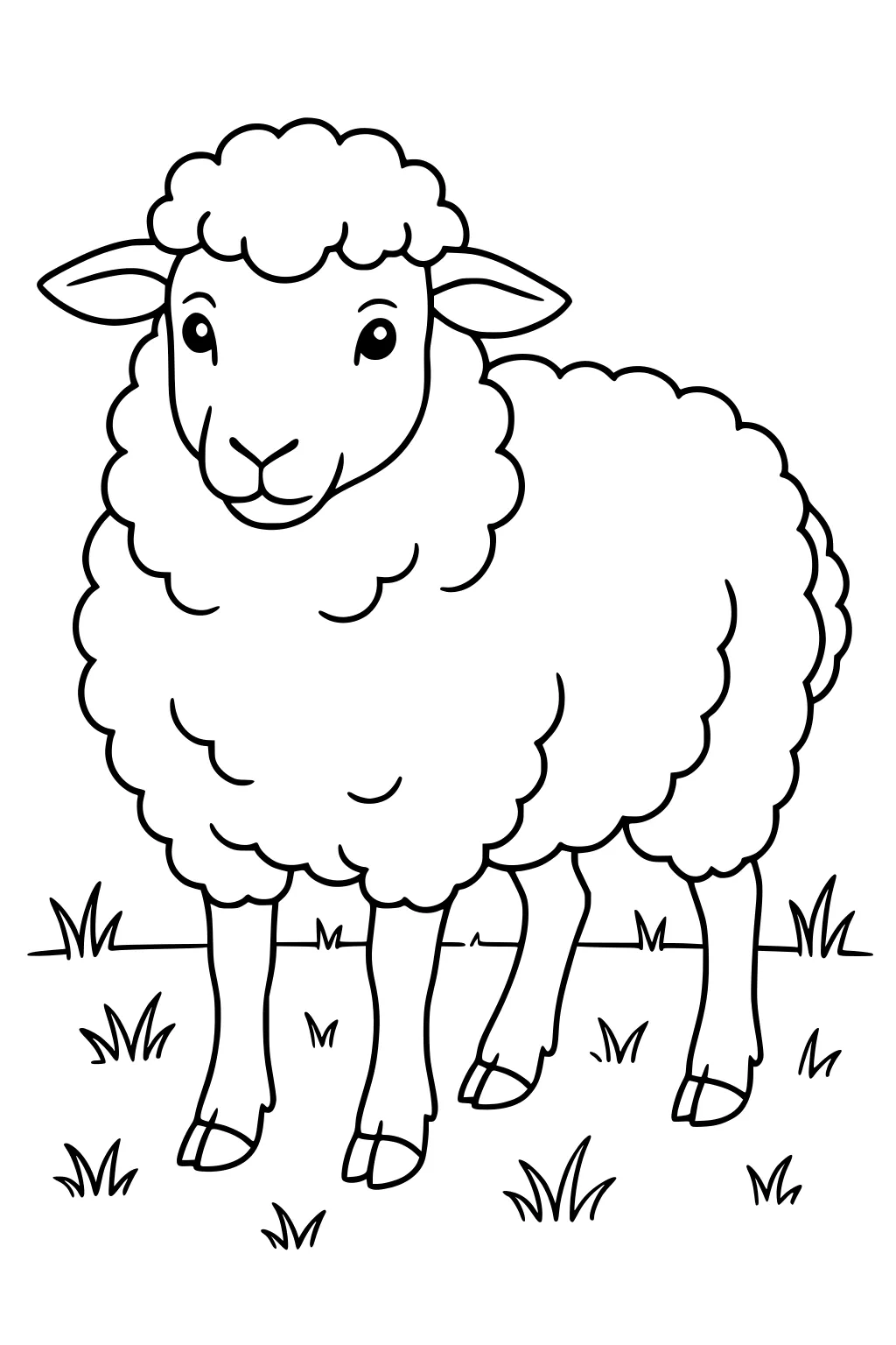 Simple drawing of a fluffy sheep standing upright in a field with tufts of grass.