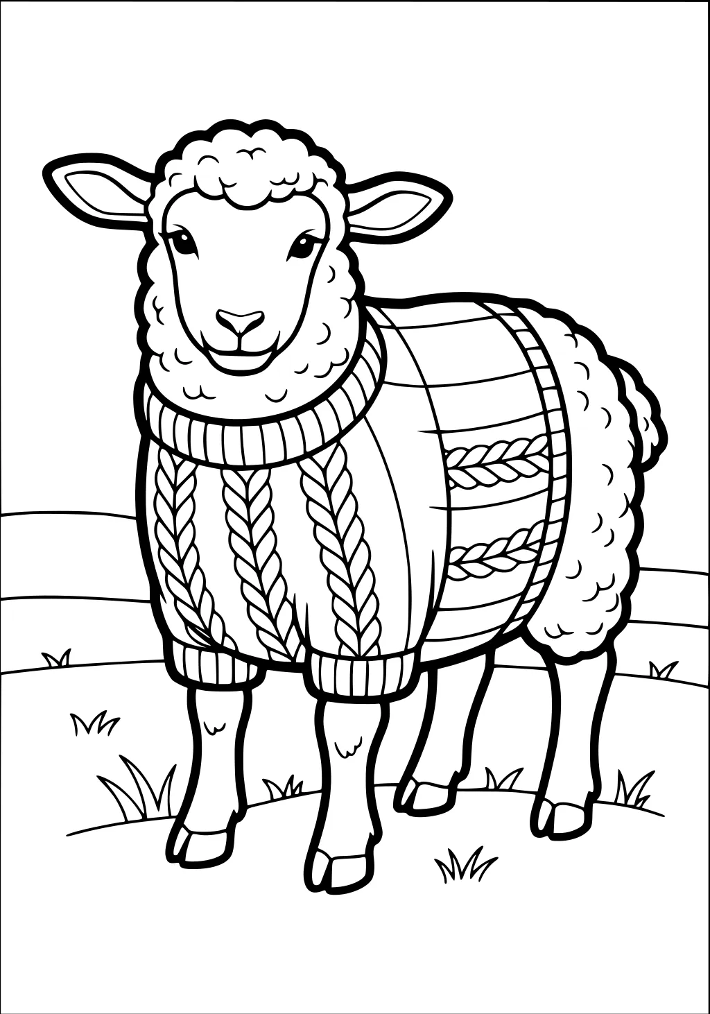 Sheep with curly wool wearing a patterned sweater, standing in a grassy field with a simple landscape behind.
