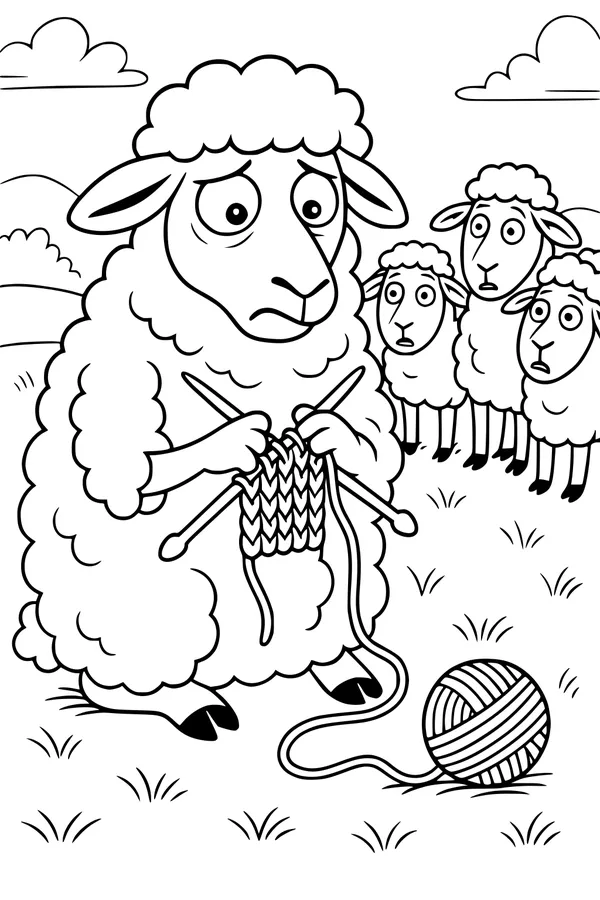 Free Sheep Coloring Page - Knitting in a Hilly Meadow (Printable PDF)
