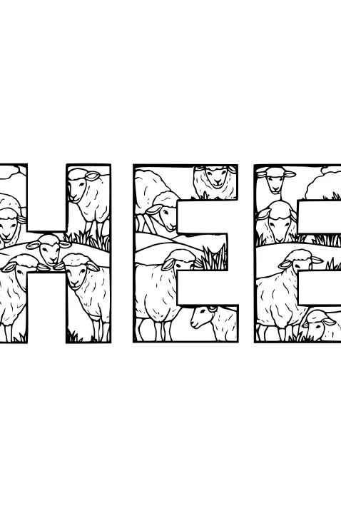 Free Sheep Coloring Page - Word Art With Cartoon Sheep (Printable PDF)