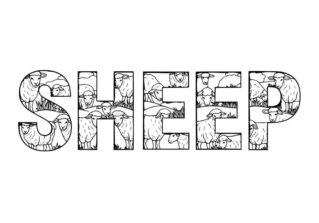 Large block letters spelling SHEEP with cartoon sheep, grass, and clouds inside each letter.