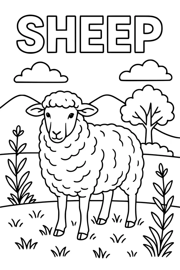 Free Sheep Coloring Page - Fluffy Sheep in Sunny Meadow (Printable PDF)