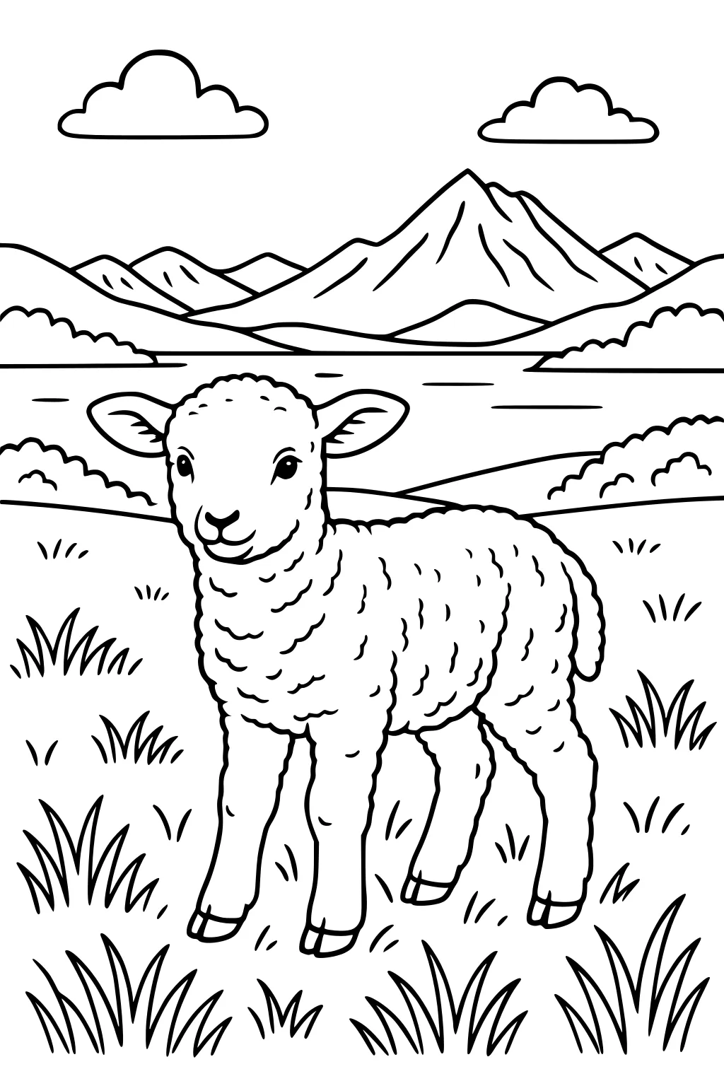 Young lamb standing in grassy field with mountains, river, and clouds in the background.