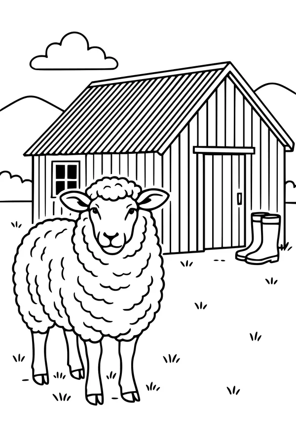 Free Sheep Coloring Page - Woolly Farmyard Barn Scene (Printable PDF)