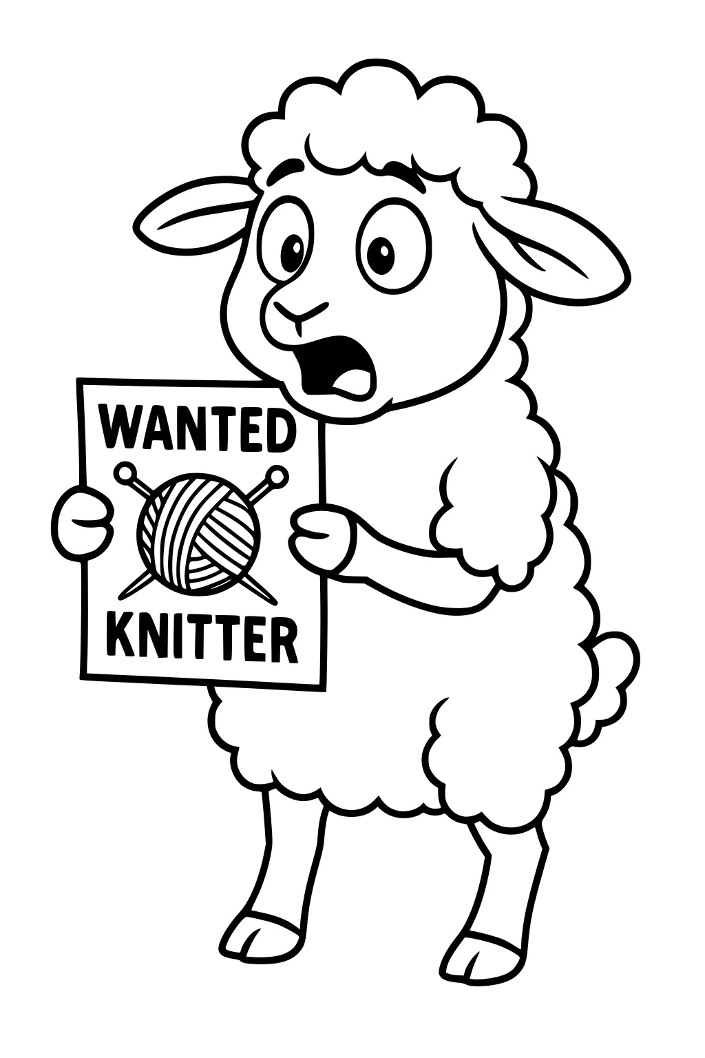 A sheep with a shocked face holds a sign that says 'Wanted Knitter' with a yarn ball and two knitting needles drawn on it.