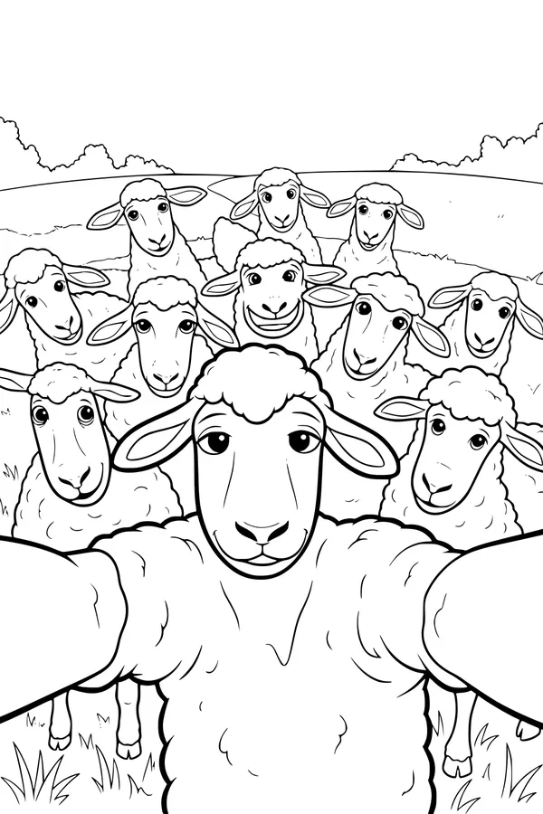 Free Sheep Coloring Page - Fluffy Flock Posing for a Selfie (Printable PDF)