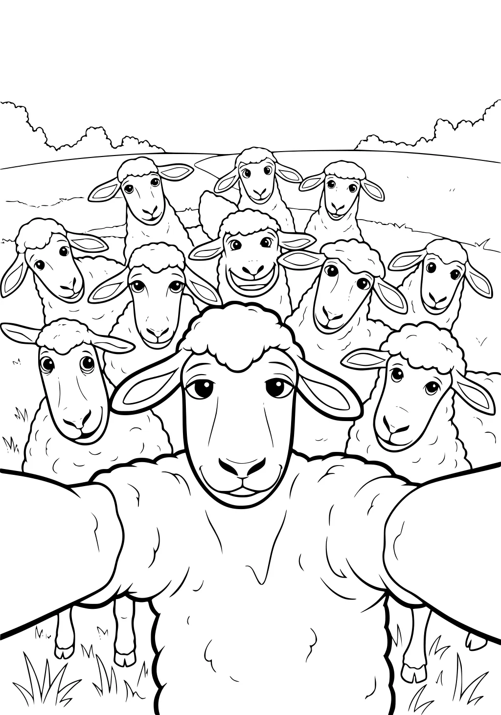 Nine sheep gathered closely together, one in front holding out both arms as if taking a selfie, in a grassy field.
