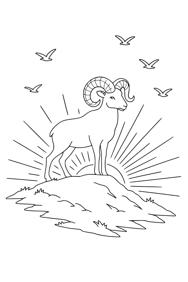 Free Ram Coloring Page - Sunny Mountain Top Scene (Printable PDF)