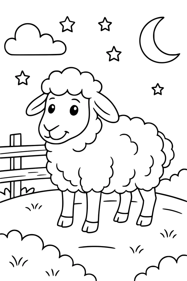 Free Sheep Coloring Page - Fluffy Night Sky Farm Scene (Printable PDF)