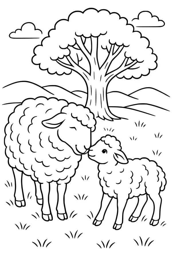 Free Sheep Coloring Page - Mother Sheep and Lamb Under Big Tree (Printable PDF)