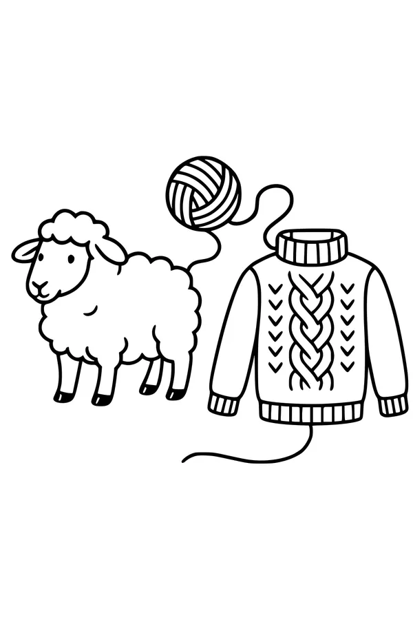 Free Sheep Coloring Page - Wooly Friend With Yarn and Sweater (Printable PDF)
