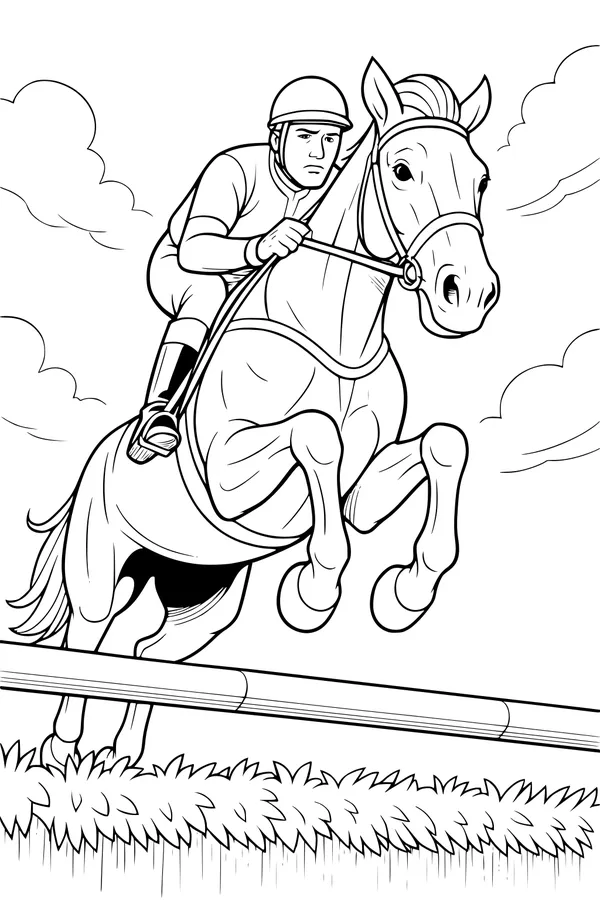 Free Horse Coloring Page - Boy Jumping Fence Scene (Printable PDF)
