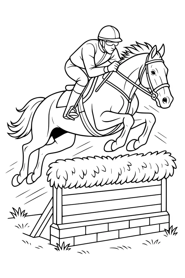Free Horse Coloring Page - Boy Rider Jumping a Tall Fence (Printable PDF)