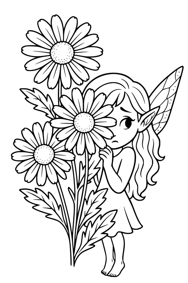 Free Fairy Coloring Page - Shy Fairy Behind Tall Daisies (Printable PDF)